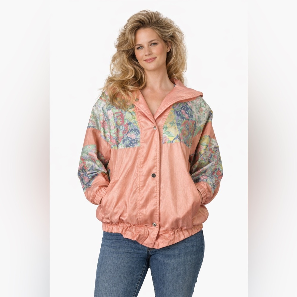 Cyclone VTG Floral‎ Patchwork Windbreaker Jacket Pink Hooded Women's M 90s
